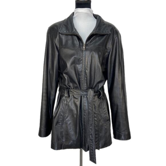 Genuine Lambskin Y2K Buttery Soft Black Tie Waist Coat - Women's L - Picture 1 of 7